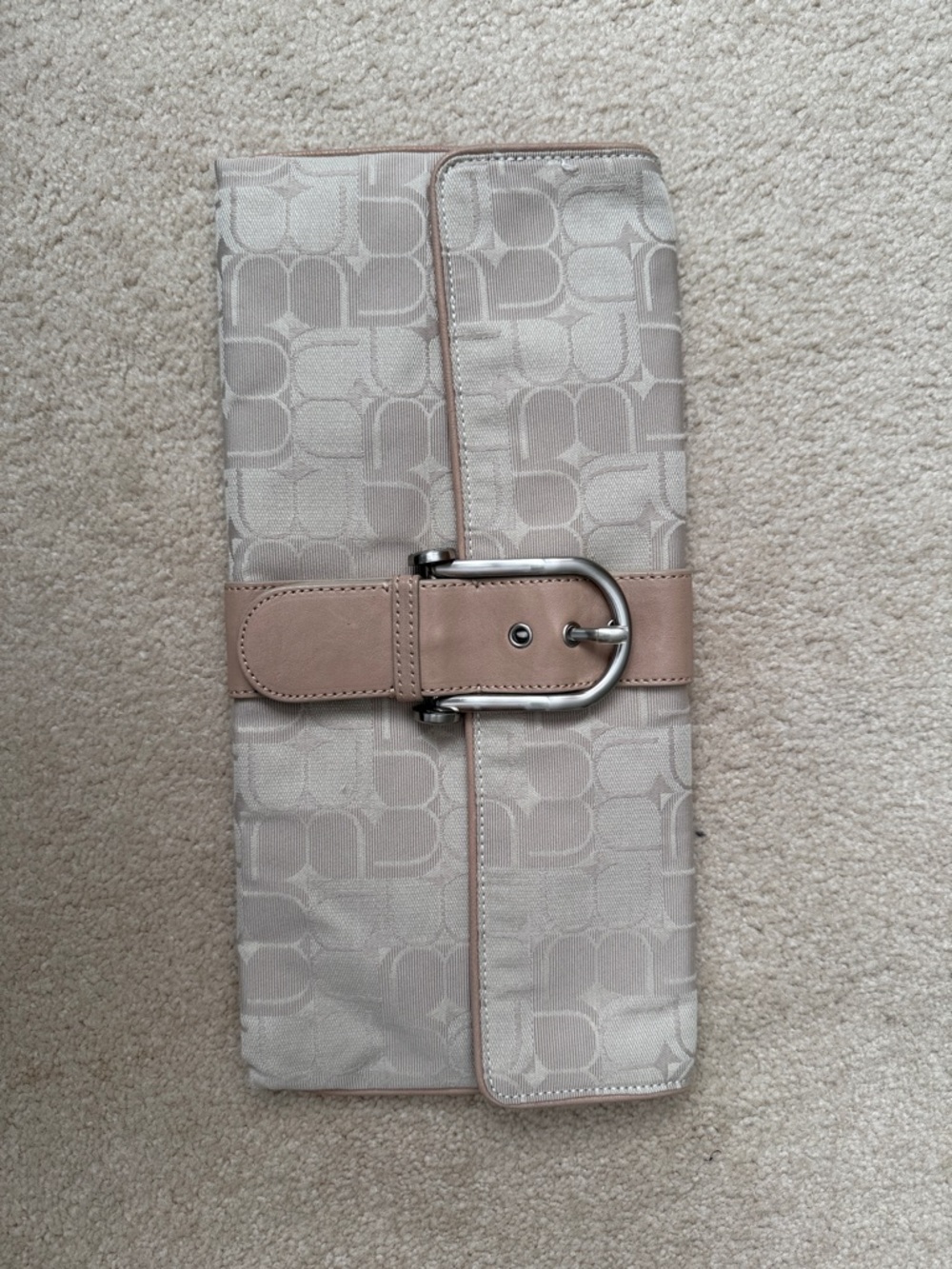 BCBGMaxAzria Beige and Taupe Logo Clutch with Buckle